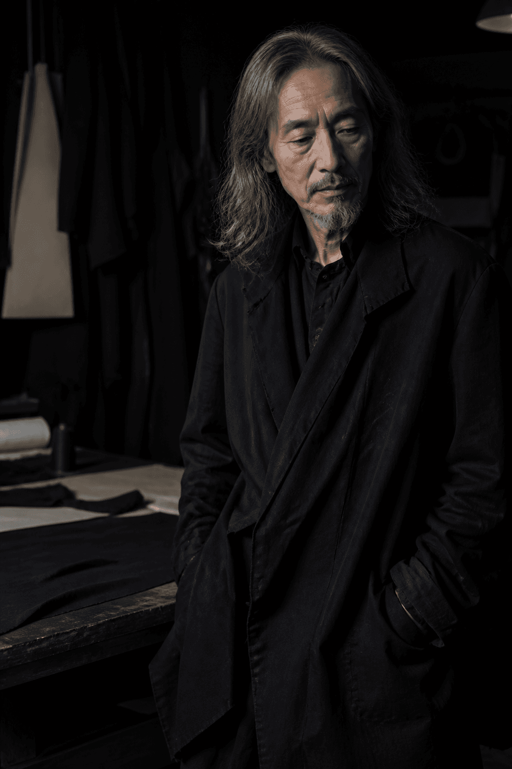 Yohji Yamamoto in a black and white editorial fashion portrait
