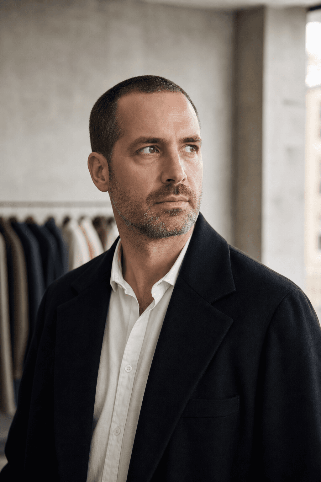Portrait of a fictional independent fashion buyer in a dark tailored coat